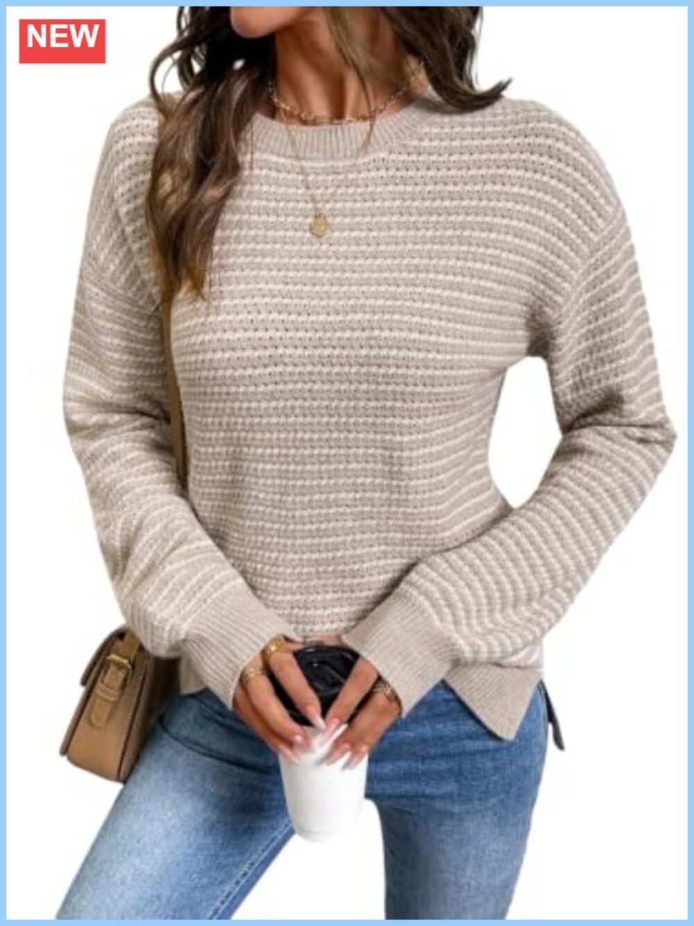 Womens Long Sleeve Crewneck Striped Split Pullover Sweater